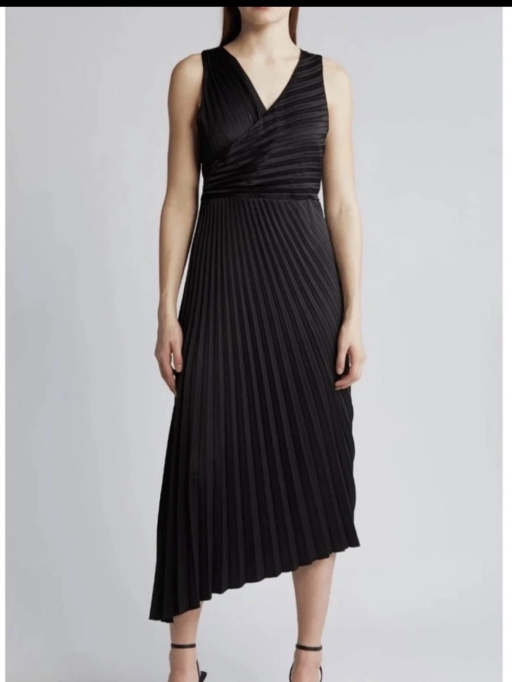 Sam Edelman Black Pleated Asymmetric Midi Dress